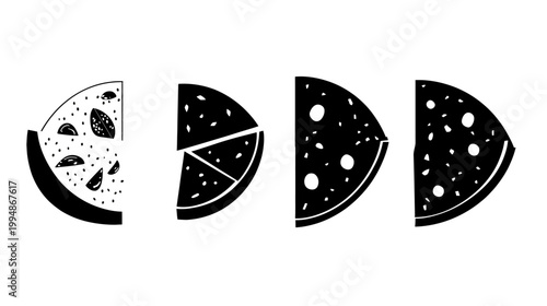 A black and white illustration of four pizza slices in different arrangements
