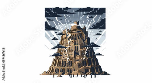Pixel art of the Tower of Babel under a stormy sky with lightning striking