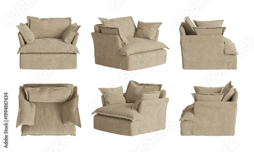 Beige Linen Armchair Set – Modern Cozy Upholstered Chair 3D Render, Multiple Angles