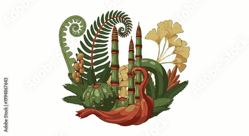 Pixelated arrangement of lush green foliage, a spiky succulent, and a reddish-orange abstract form