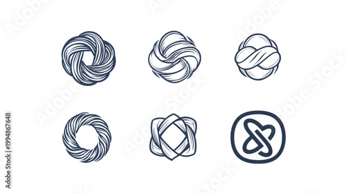 Six unique, circular graphic designs in a navy blue, brushstroke style, set against a white backdrop