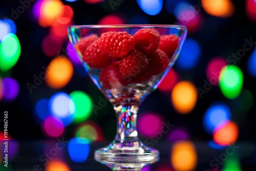 Raspberries in a Glass Bowl With Colorful Lights in the Background