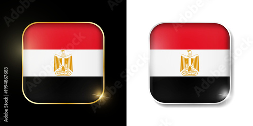 Egypt flag shiny golden and silver icons isolated on black and white. Vector 3D square rounded illuminated buttons with shadow. Use for bets, tournament, sport games