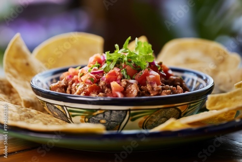 Serving Fresh Salsa Surrounded by Tortilla Chips on a Colorful Plate