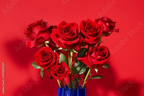 Roses in a Blue Vase on a Red Background During Daytime