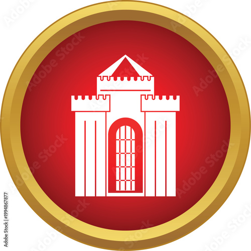 Castle fortress symbol in a red circle button with gold border