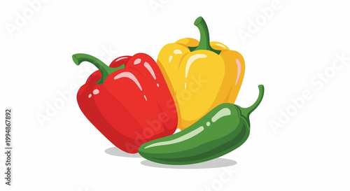 Red, yellow, and green bell peppers with a jalapeño