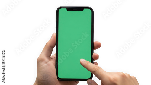 Hand holding green smartphone screen isolated on transparent background isolated on transparent background