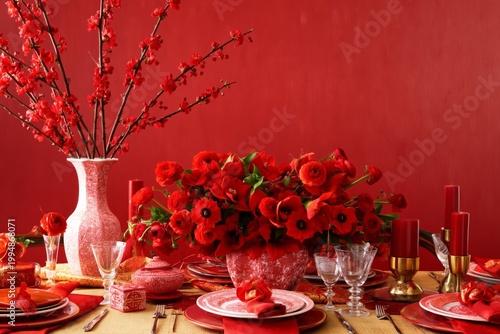 Decorated Table With Red Flowers and Candles for a Special Occasion in a Vibr...