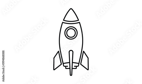 Whimsical black and white line drawing of a retro rocket ship, isolated on a clean white background, evoking nostalgia and creativity.