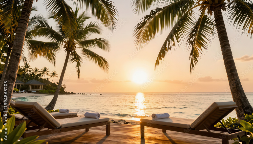 Fototapeta premium lounge chairs under palm trees by the ocean. The sunset casts a warm glow over the tranquil water and sandy beach, creating a peaceful atmosphere.
