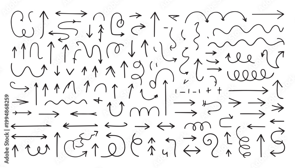 Fototapeta premium Set of hand drawn doodle arrows collection with various shapes and directions for creative design elements