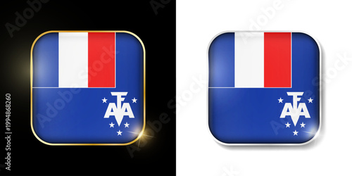 French Southern and Antarctic Lands flag shiny golden and silver icons isolated on black and white. Vector 3D square rounded illuminated buttons with shadow. Use for bets, tournament, sport games