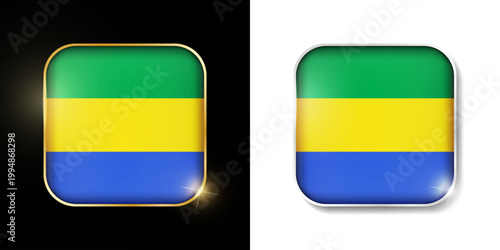 Gabon flag shiny golden and silver icons isolated on black and white. Vector 3D square rounded illuminated buttons with shadow. Use for bets, tournament, sport games