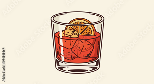 Refreshing amber beverage in a clear glass with ice cubes and a bright orange slice garnish