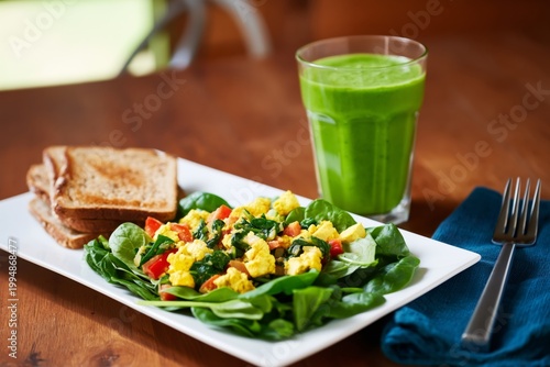 Healthy Breakfast With Spinach, Eggs, Toast, and Green Smoothie Served on a W...
