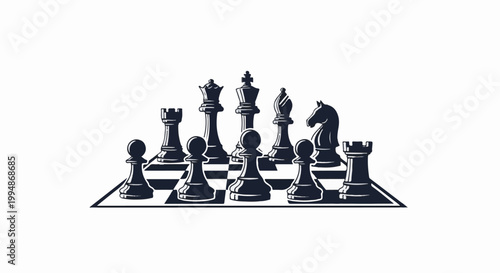 Silhouette of chess pieces set up on a board, including king, queen, knight, bishop, rook, and pawns