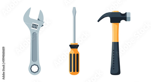 Essential toolkit: wrench screwdriver and hammer in minimalist design