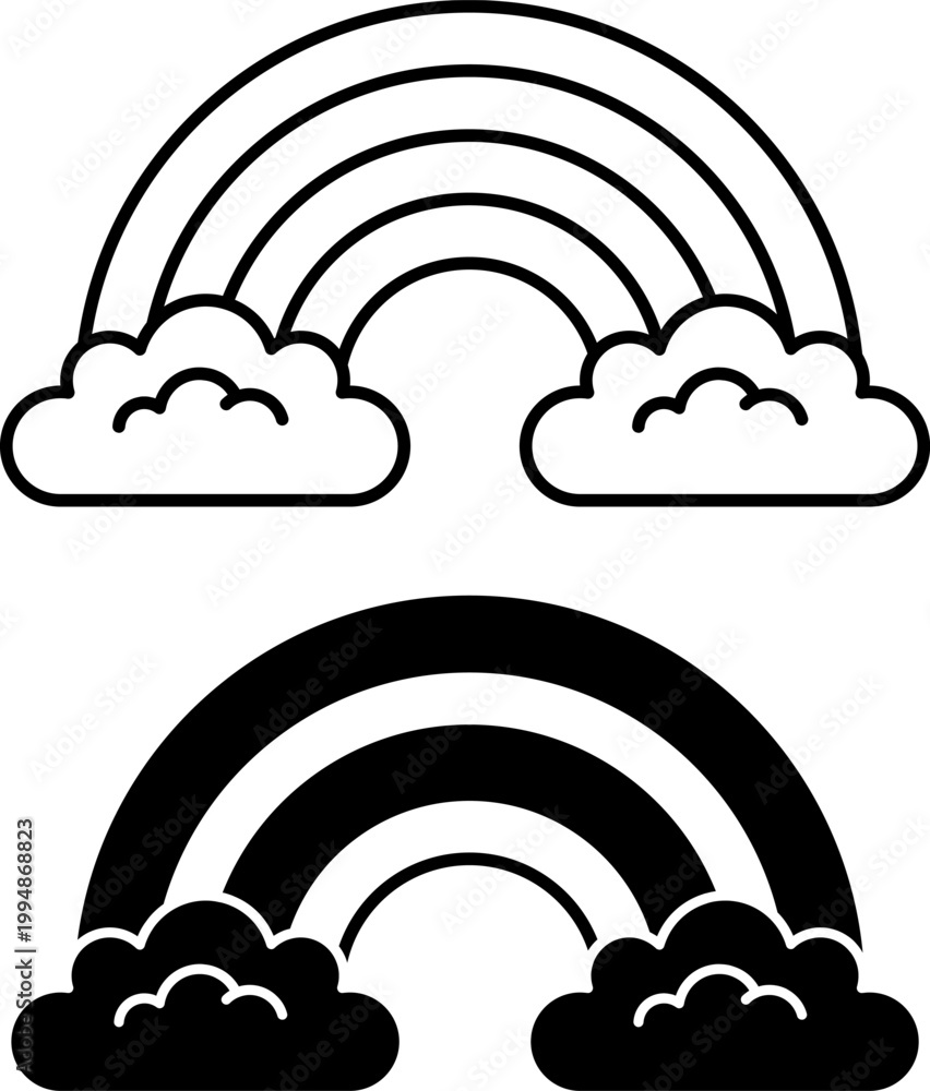 Fototapeta premium Rainbow Icons. Line and Glyph Vector Icons. Colored Arc in the Sky, Natural Phenomenon. Clouds. Weather Concept