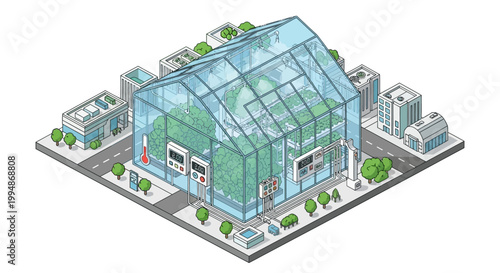 Isometric Smart Greenhouse in Urban City Concept, Automated Vertical Farming and Sustainable Agritech Illustration