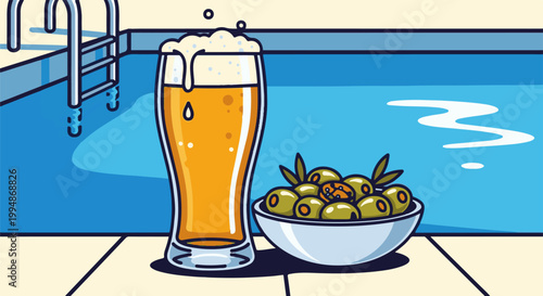 Refreshing beer and olives by a swimming pool
