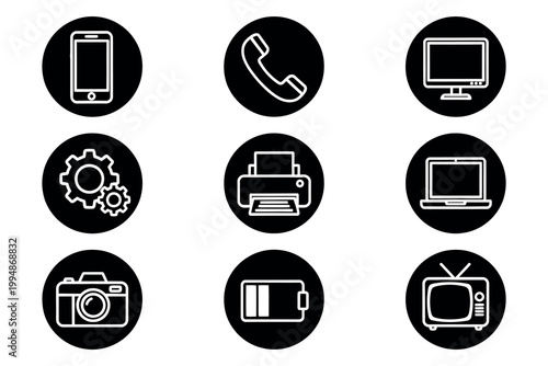 Communication and technology icons set in white outline style