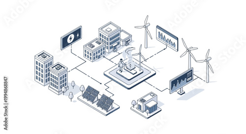 Isometric Sustainable Energy Infrastructure with Wind Turbines, Solar Panels, and Smart Grid Monitoring for Green City Development