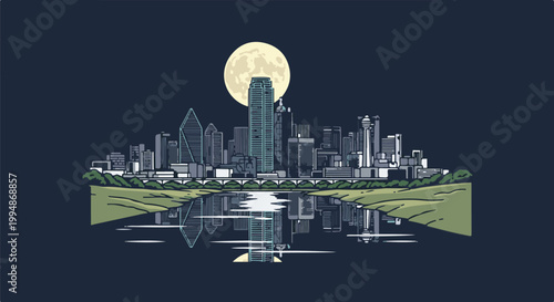 Pixelated city skyline reflected in water under a large moon
