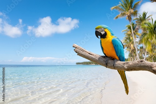Colorful Parrot Sits on a Branch by the Ocean on a Sunny Day at a Tropical Beach