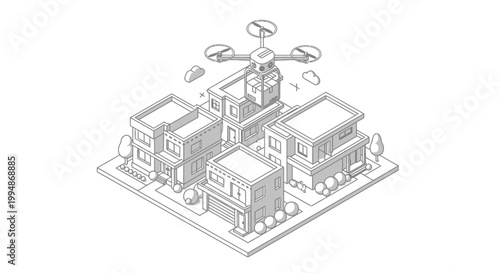 Isometric Line Art Illustration of a Delivery Drone Carrying a Package over a Residential Neighborhood; Autonomous UAV Shipping and Smart City Logistics Concept