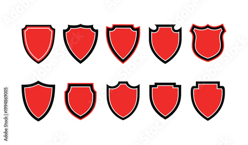 Collection of nine vibrant red shields with black outlines, arranged in a grid pattern, symbolizing protection, security, and strength.