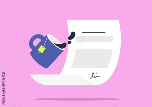 A vibrant purple background sets the stage as a blue mug tips over, spilling dark coffee onto signed documents.