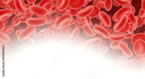 A medical illustration of red blood cells flowing through a vessel with a bright white light in the background