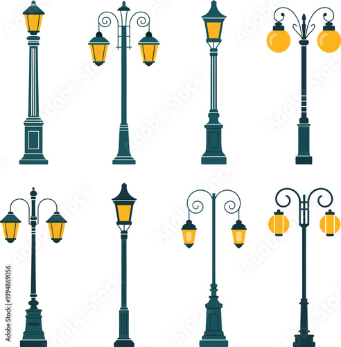 A compilation of diverse antique and classic streetlights, showcasing traditional designs and architectural embellishments in a black and white silhouette