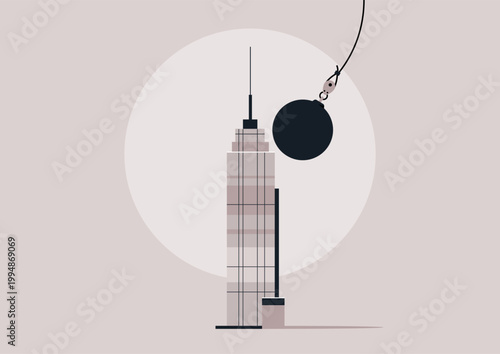 A wrecking ball is poised to strike a tall skyscraper in a city landscape, The scene captures the moment of demolition, highlighting the sheer size and scale of the structure.