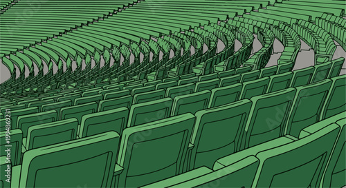 Rows of empty green stadium seats curve into the distance
