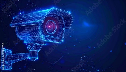 A glowing blue holographic security camera monitors digital space for enhanced safety.