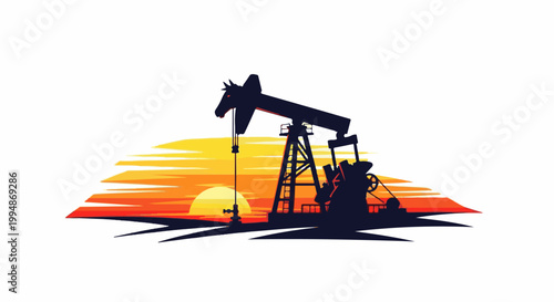 Silhouette of oil pump jack against a vibrant sunset sky