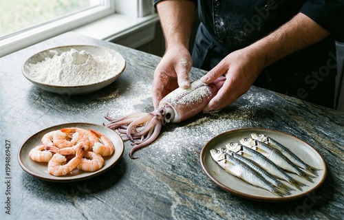 Fritto Misto di Pesce with mixed fried seafood and lemon parsley. Concept of culinary preparation, freshness, vibrant ingredients evoking flavors of Italian cuisine.