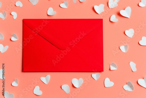 Red Envelope on a Pink Background Surrounded by White Heart Shapes During a C...