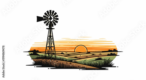 Rural landscape with a silhouette windmill against a vibrant sunset sky