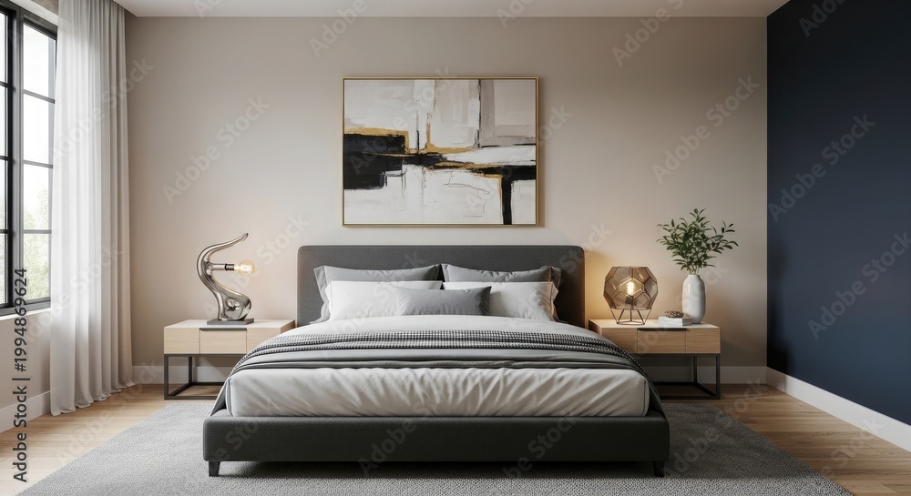 Fototapeta premium Elegant bedroom interior with neutral tones and modern art featuring a comfortable bed and stylish decor