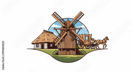 Rustic country scene with a thatched cottage, wooden windmill, and horse-drawn carriage under a blue sky