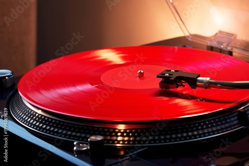Spinning a Red Vinyl Record on a Turntable in a Cozy Indoor Space During Evening