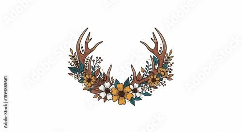Rustic deer antlers adorned with a lush floral arrangement of warm-toned blooms