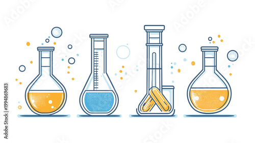 A cartoon illustration of four laboratory flasks containing liquids and bubbles. Different shapes and fills
