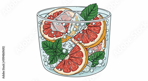 Refreshing glass of sparkling water with grapefruit slices, ice, and mint leaves