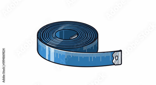 Rolled blue measuring tape with markings and a loop at the end