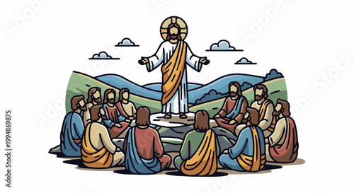 Religious gathering of a central figure speaking to a seated audience outdoors