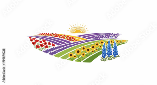 Rolling fields of diverse colorful flowers, bathed in a rising sun's glow